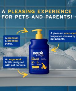 A bottle of DOUXO SPA Oatmeal Shampoo, with a text banner above reading A pleasing experience for pets and parents!