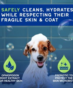 A picture of a puppy in a bathtub, with a text banner highlighting this product Safely cleans, hydrates while respecting their fragile skin & coat.