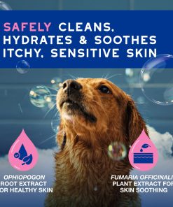 A picture of a dog in a bathtub, with a text banner highlighting this product Safely cleans, hydrates & soothes itchy, sensitive skin.