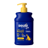 The front of a 16 fl oz bottle of DOUXO Oatmeal Shampoo for dogs, featuring a dark blue bottle with a yellow pump dispenser and yellow label accents.